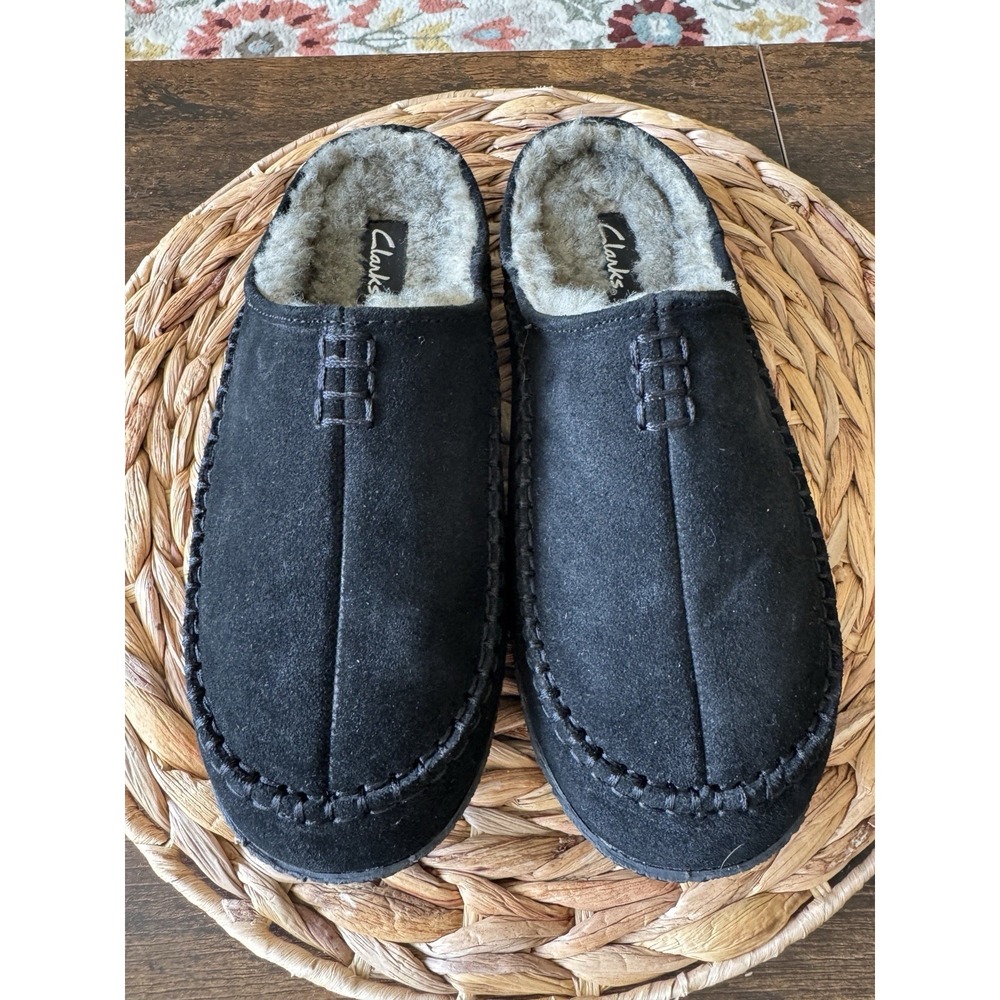 CLARKS MEN'S BASEBALL STITCH JMS0345 CLOG SLIPPERS Size 9 Black Suede